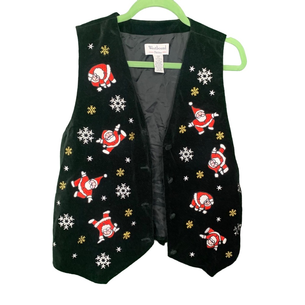 #6 Petite Medium Christmas Sweater Vest womens santa yoga dance black